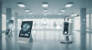 Advanced AI medical devices with glowing interfaces in a futuristic healthcare setting