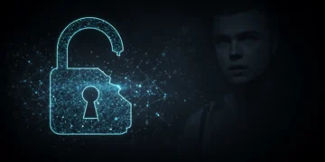 Digital lock icon with glowing network lines representing cyber security threats