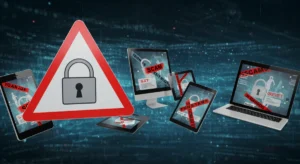 Digital lock with warning sign, representing cybersecurity threats and consumer protection against online scams.