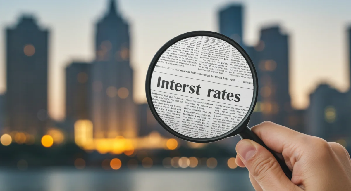 Hand with magnifying glass over financial news, analyzing interest rates
