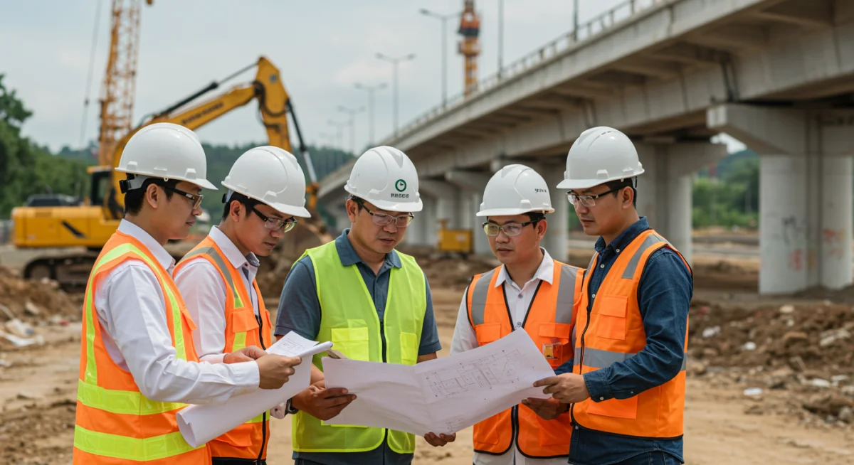Construction workers reviewing blueprints at a bridge construction site, symbolizing infrastructure development.