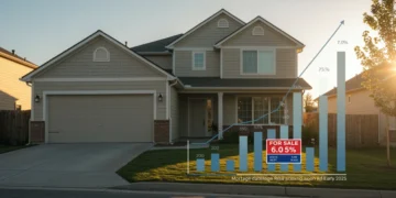 Suburban home with 'For Sale' sign and graph indicating 6.5% mortgage rates in 2025