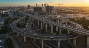 Modern highway interchange with city skyline reflecting national infrastructure upgrades by 2026