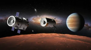 Futuristic spacecraft representing NASA's new missions against cosmic backgrounds