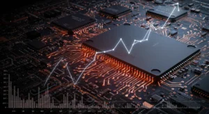 Advanced circuit board with data overlay, illustrating persistent semiconductor shortages through mid-2025.
