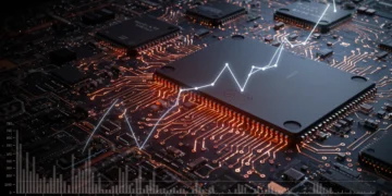 Advanced circuit board with data overlay, illustrating persistent semiconductor shortages through mid-2025.