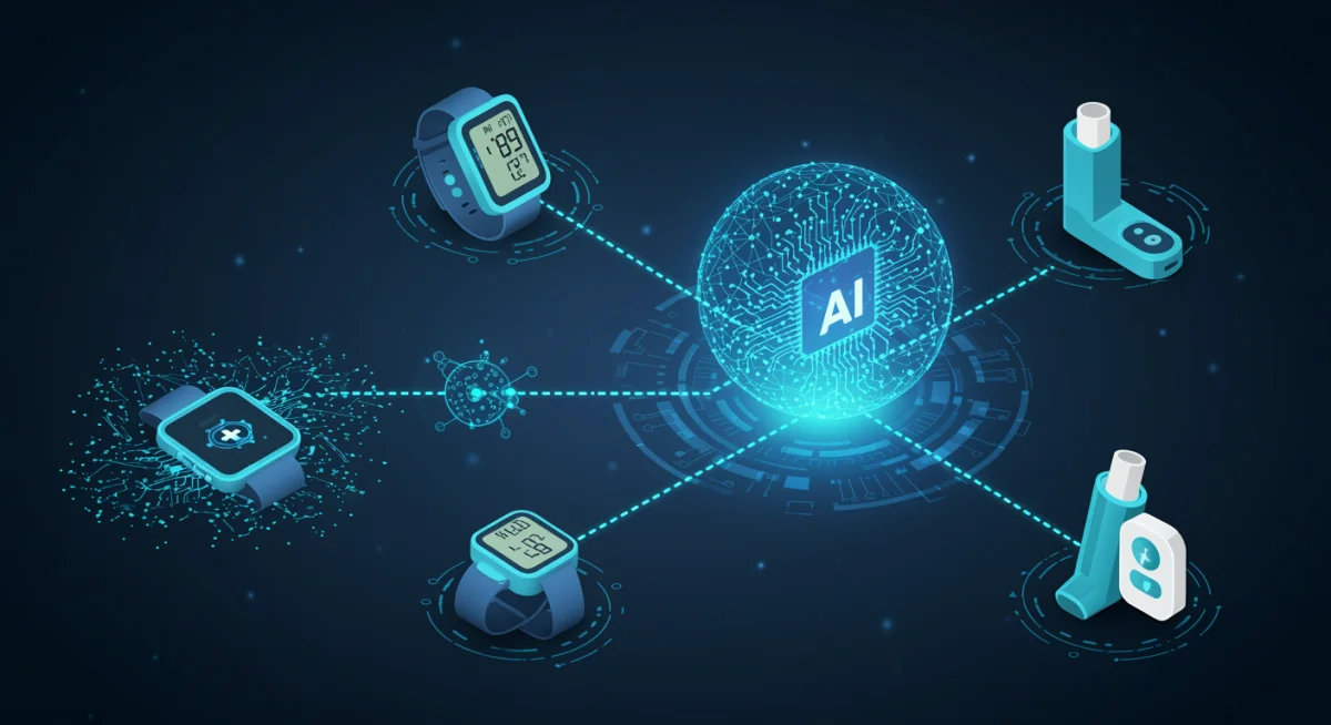 Interconnected smart medical devices feeding data to an AI hub