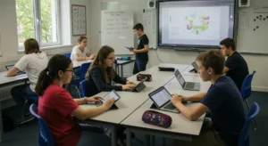 Students using digital learning tools in a modern classroom setting