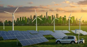 Sustainable energy landscape with solar, wind, and electric vehicles.