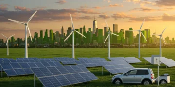 Sustainable energy landscape with solar, wind, and electric vehicles.