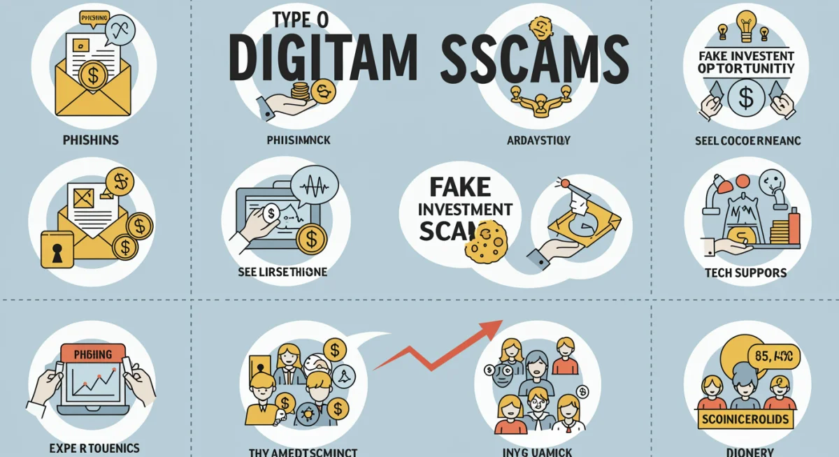 Infographic showing common digital scam types and their increasing impact on consumers.