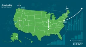 Map highlighting five US states leading in renewable energy adoption and job growth for Q1 2025.